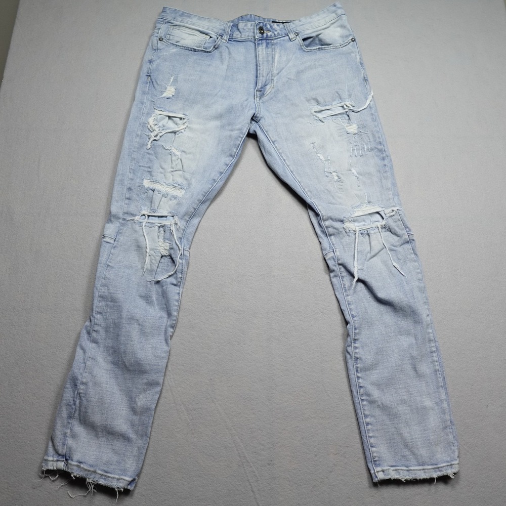 Smoke Rise Pants Mens 36x32 Light Blue Distressed Ripped Ankle Tapered Slim